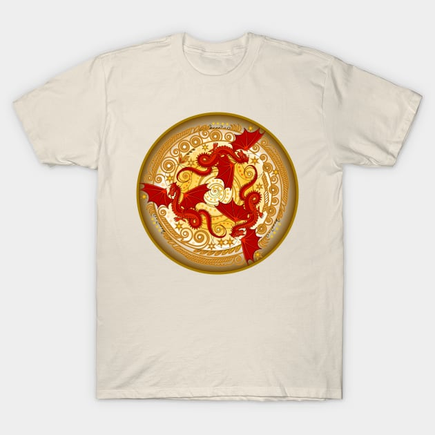 Three red dancing dragons. T-Shirt by Artist Natalja Cernecka